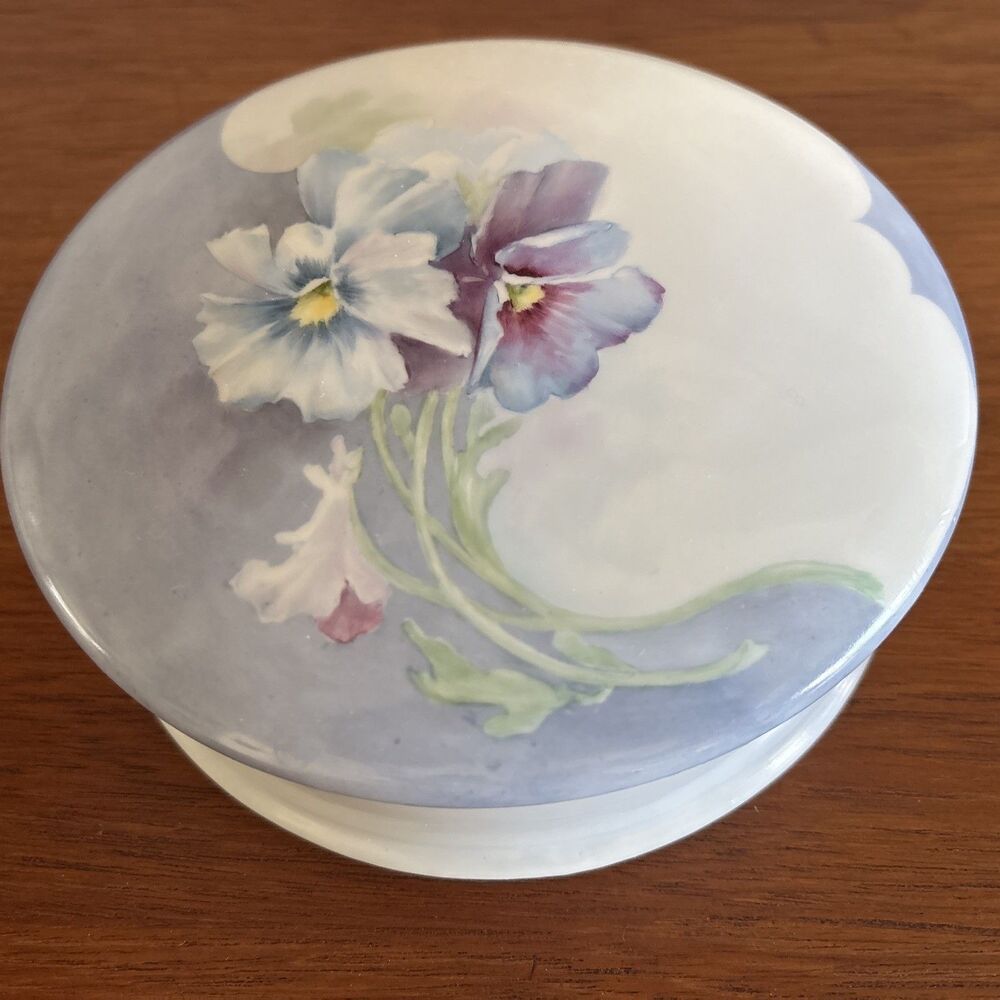 LIMOGES France Large Round Lidded Trinket Box Dresser Floral Pansy 7"